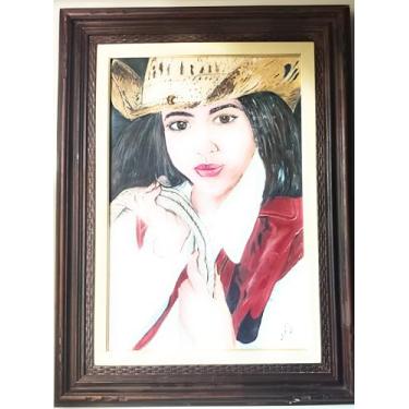 Imagem de Pintura Artística Emoldurada, Retrato em Estilo Country com Chapéu de Palha, 40x60 cm, cowgirl, óleo sobre tela, do artista plástico João Lopes de Lima, reconhecimento internacional certificado de autenticação.Esta obra é única onde a personagem envelhece dentro do quadro, a cada 10 anos ela é retra