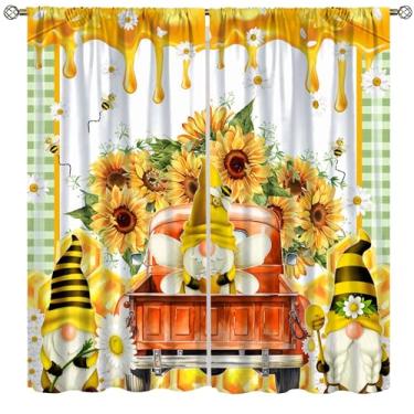 Imagem de wlsgdsg Cortinas de girassol, vintage, rústico, natureza, girassóis, gnomos, caminhões, abelhas, flores, tratamentos de janela, cortinas com bolso para varão, para meninas, sala de estar, quarto