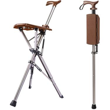 Imagem de Assento De Cana Dobrável Combo - Capacidade De 400 Lbs, Banquinho De Cana Portátil Prático Com Logotipo, Altura Ajustável Bengala Alta Para Idosos - Alumínio Grosso, Unissex, Brown