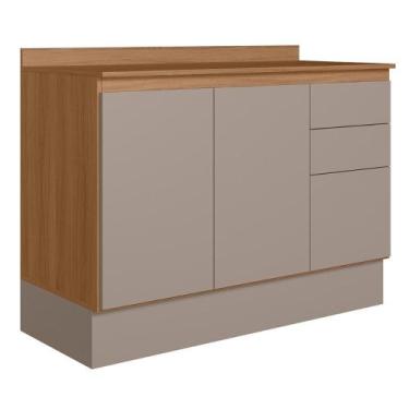 Imagem de Balcão Cozinha Acacia 120cm Tampo 2 Portas 3 Gavetas Rodape - Loja Doc