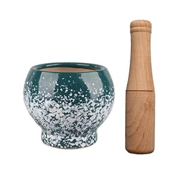 Imagem de Tigela Moedora Tigela de almofariz de cerâmica verde com pilão de madeira, conjunto de pilão e almofariz de porcelana com acabamento decorativo pontilhado branco Triturador de comprimidos, moedor de e