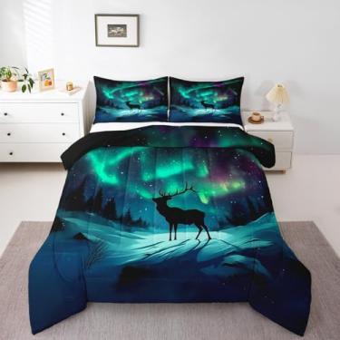 Imagem de Erosebridal Jogo de cama solteiro, aurora boreal aurora boreal para crianças, adultos, cabana de fazenda, veado, noite estrelada, natureza, conjunto de cama com 1 fronha, decoração de quarto