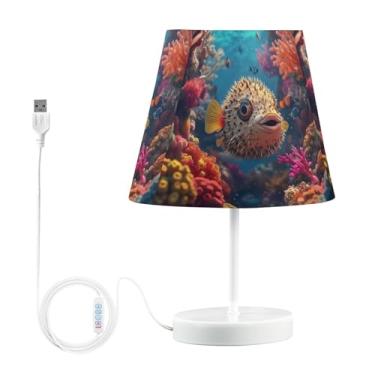 Imagem de Joisal Candeeiro noturno subaquático de baiacu para quarto, lâmpadas de mesa reguláveis de 3 vias, iluminação ambiente, acessórios de quarto