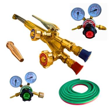 Imagem de Kit Maçarico de Corte Profissional 3 Canos, Oxigênio e Acetileno, com Reguladores, Bico 1502 N6, Mangueira 5m