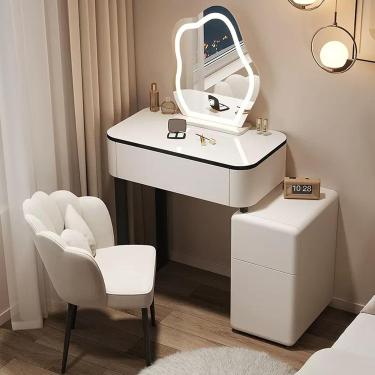 Imagem de Conjunto De Vaidade Com Espelho Led, Conjunto De Maquiagem Com 3 Gavetas & Armário De Armazenamento, Mesa De Maquiagem Com Banquinho Acolchoado Para Quarto, 3 Cores De Il, Whiteb, 27.6"/70cm