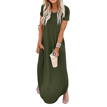 Imagem de GRECERELLE Vestido longo casual com bolso solto, manga curta, dividido, maxi vestidos, Verde militar, P