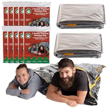 Imagem de Sacos de dormir Mylar térmicos de emergência para 2 pessoas - Pacote com 10 - Ultra compacto para acampamento, sobrevivência, desastre - Tamanho de bolso, 2,2 m x 1,6 m - Retém 90% do calor corporal e