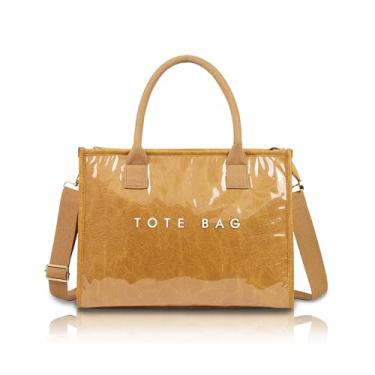 Imagem de GISMTR Sacola feminina de PVC com estampa de letras grandes Hobo, bolsa de ombro de papel kraft com alça para trabalho e viagens, Amarelo