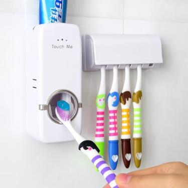 Imagem de Dispenser de Pasta de Dente com Suporte para Escovas, Branco, Automático, Parede, Banheiro, Infantil, Adesivo, Sem Furar