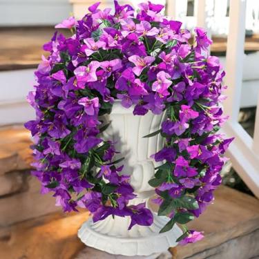 Imagem de HyeFlora Buganvílias flores artificiais penduradas para decoração ao ar livre, 2 peças de flores falsas de seda buganvílias videiras realistas resistentes a UV para plantadores ao ar livre, varanda