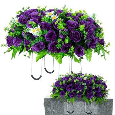 Imagem de Sela de flores artificiais de cemitério para lápide, flores de túmulo memorial para cemitério ao ar livre, lápide de lápide (roxo)