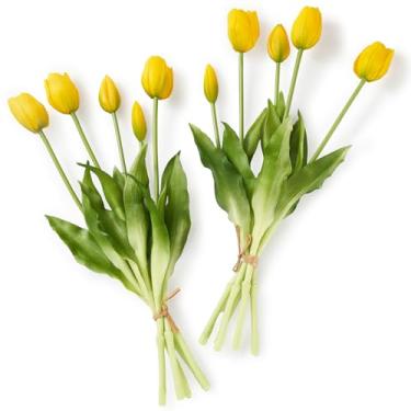 Imagem de Tulipas artificiais, flores de látex de toque real de 15,8 polegadas, buquê rosa e branco com 15 hastes para decoração de casa (10, amarelo)
