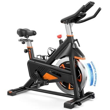 Imagem de MERACH Bicicleta ergométrica, almofada de freio para ciclismo interno, bicicleta estacionária magnética com aplicativo exclusivo, bicicleta de 136 kg com almofada de assento de bicicleta confortável e