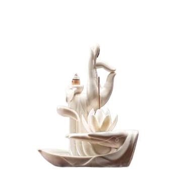 Imagem de Estátua de Feng Shui Incenso de lótus branco com mão de Buda, ornamento de estátua de Buda, entrada para escritório, decoração de Feng Shui Decoração de Buda