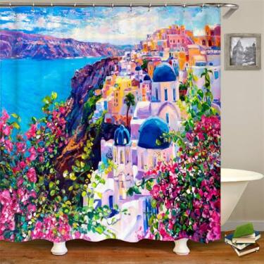 Imagem de Cortina de chuveiro de banheiro com impressão de paisagem de cidade rural, cortina de poliéster com pintura de cenário, decoração para casa, JK3727, L90 x A180 cm