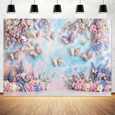 Imagem de Pano de fundo floral de borboleta roxa de 3,5 x 1,5 m, elegante, para meninas, tema de princesa, borboleta, aniversário, chá de bebê, eventos de festa, decoração de mesa, bolo, cenários de fotos