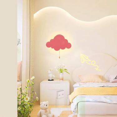 Imagem de GZZBMY Luminária de parede LED moderna em forma de nuvem com interruptor de cabo de puxar lâmpada de parede de metal operada por bateria recarregável por USB arandela de parede infantil presentes