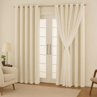 Imagem de Cortina de Microfibra c/Voil Branco e Forro 3,00 x 2,50 Decoração Quarto, Sala, Escritório, Janela(PALHA)