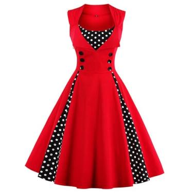 Imagem de KILLREAL Vestido feminino rodado retrô de bolinhas estilo vintage para coquetéis, Vermelho, M