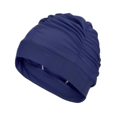 Imagem de YELARXI Touca de natação de tecido de poliéster, touca de natação elástica, adequada para mulheres e homens, cabelos longos adultos (azul escuro)
