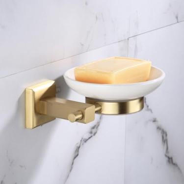 Imagem de Conjunto de banheiro de latão - Prateleira para toalhas douradas, suporte para papel higiênico - Copo de cerâmica incluído, saboneteira