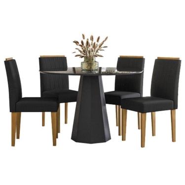 Imagem de Mesa De Jantar Isis 120x120 Cm Com Vidro Preto E 4 Cadeiras Ana Ype Veludo Preto – New Ceval