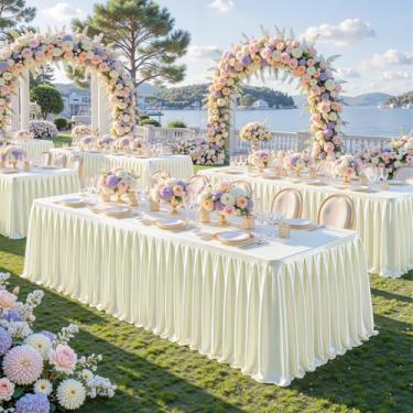 Imagem de Toalha de mesa com glitter marfim para mesas retangulares de 1,8 m, saia de mesa de festa brilhante com babados, resistente a rugas, saia de mesa de cetim lavável para feiras, festas, aniversário