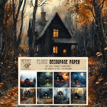 Imagem de Pacote de papel de decoupage (24 folhas 15 x 15 cm) Sombras da floresta: misteriosas cabanas da floresta cercadas por folhagem de outono e brilho noturno, criando um retiro aconchegante e encantado