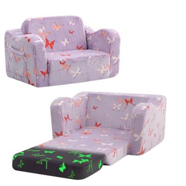 Imagem de MeMoreCool Cadeira infantil confortável de 1 a 3 anos, sofá infantil para sala de jogos, sofá dobrável borboleta brilhante conversível, cama reclinável de piso para móveis infantis