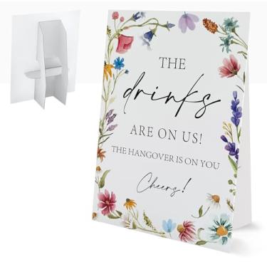 Imagem de Placa The Drinks Are On Us, placas de casamento para cerimônia e recepção, decorações florais de chá de panela, sinalização de casamento com suporte, decoração de chá de panela, suprimentos de festa