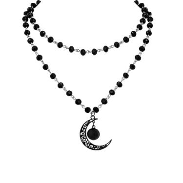 Imagem de Colar gargantilha gótico sol lua, contas de cristal preto, joia punk bruxa para mulheres, bijuteria de fantasia de Halloween, Adjustable, Liga de aço, Sem Pedra Preciosa