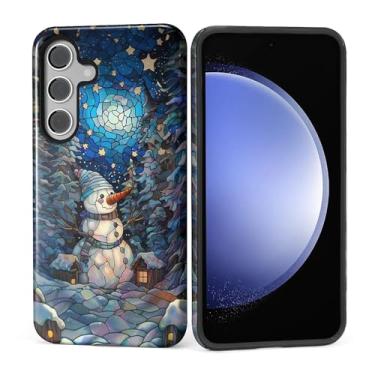 Imagem de Kapadiy Capa para Samsung Galaxy S25 [design de mosaico de vitral de Natal com boneco de neve] - Proteção dupla híbrida (silicone + policarbonato rígido) à prova de choque, capa protetora para homens