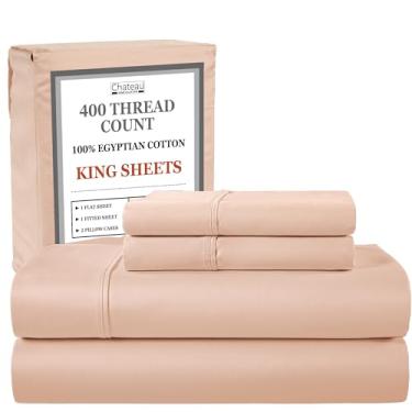 Imagem de CHATEAU HOME COLLECTION Conjunto de lençóis King Size 100% algodão egípcio - 400 fios de cetim luxuoso, macio, respirável e refrescante, lençóis King de 38 cm com bolso profundo - blush
