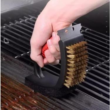 Imagem de Escova de Aço para Grelha/Churrasqueira | Cerdas de Aço Inoxidável | Ideal para Churrasqueira, Espetos, Chapas e Utensílios | Cabo Antiderrapante | Espátula, Cerdas de Aço e Esponja Abrasiva.