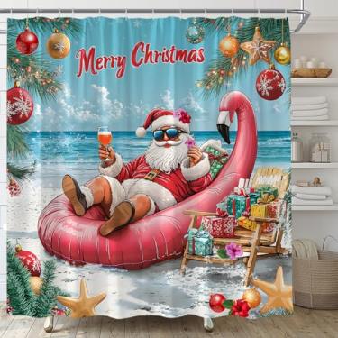 Imagem de TENVSIN Cortina de chuveiro engraçada de Papai Noel, Natal, praia, humor, palmeira, Natal, oceano, tropical, verão, litoral, férias, tecido, decoração de banheiro, conjunto de banheiro com ganchos