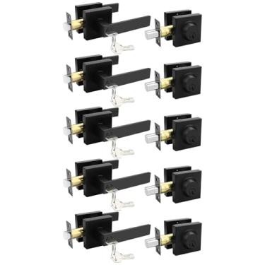 Imagem de Tinewa Pacote com 5 alavancas de porta da frente com chave quadrada com fechadura de cilindro único, conjuntos de fechadura externa preta plana com conjuntos de combinação de fechadura, para portas de
