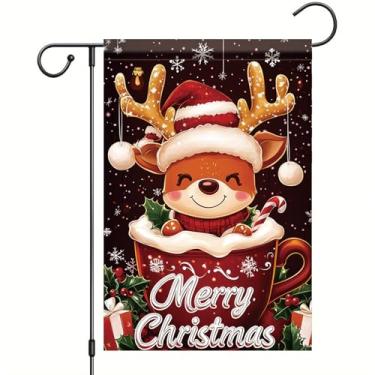 Imagem de Saoplasa Bandeira de jardim de Natal, rena fofa, caneca, Feliz Natal, 30,5 x 45,7 cm, faixa dupla face para jardim, para férias, inverno, bengala doce, copo de cacau, chifres vermelhos, decoração de