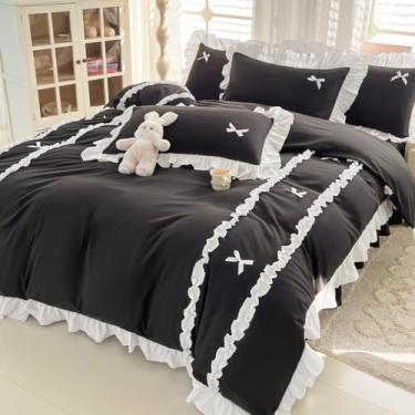 Imagem de IHOUSTRIY Capa de edredom preta, tamanho solteiro, conjunto de capa de edredom com laço fofo com fecho de zíper, conjunto de cama de microfibra macia com babados brancos com 4 laços (167,6 cm x 228,6