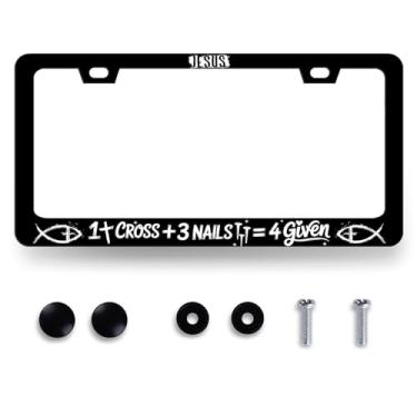 Imagem de Moldura de placa de carro personalizada de aço inoxidável Jesus 1 cruz + 3 pregos = 4 suportes de placa de carro universais engraçados peças automotivas decoração de carros com 2 furos e parafusos 31