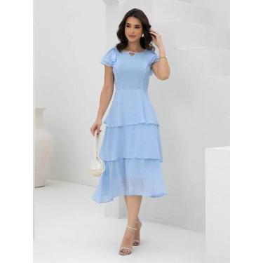 Imagem de Vestidos Feminino Midi Elegante Festa Camadas com Babado Manga Curta M