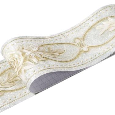 Imagem de TsoLay Adesivos de parede de borda de papel de parede de 5 m / 16,4 pés relevo azulejo rústico bordas de papel de parede vintage descascar e colar cozinha banheiro azulejos adesivo