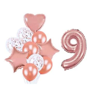 Imagem de Buque 10 Balões  Coração Estrela e 1 Número Metalizado Rose Gold 70cm 