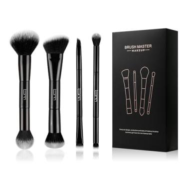 Imagem de Brush Master 4 pincéis de maquiagem de ponta dupla, base, pó, contorno, corretivo, pincel de maquiagem para os olhos, pincéis de maquiagem sintéticos multifuncionais de ponta dupla (preto)