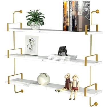 Imagem de Prateleira De Parede, Prateleira Divisória Escandinava De Uma Peça, Camada De Madeira Maciça Imitando Textura De Mármore Suporte De Ferro Dourado, Estante Montada Na, 3 Layers, 80cm