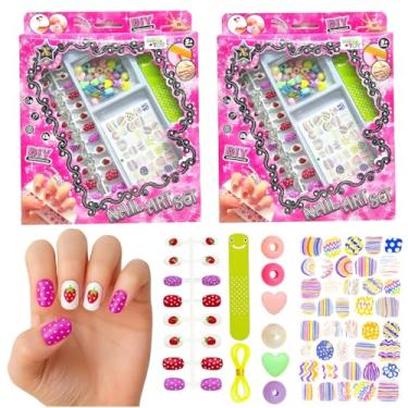 Imagem de 2 Kits de unhas Nail Art Infantil com Miçangas e Adesivos Presente para Meninas