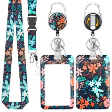 Imagem de Uniclife Porta-crachá deslizante moderno, porta-cartões de plástico com estampa floral com mosquetão retrátil e cordão destacável, protetor de cartão vertical para trabalhadores de escritório