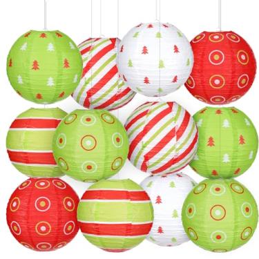 Imagem de Bencailor Conjunto de 12 peças de lanternas de papel para pendurar de Natal, lanternas decorativas de festa de Natal, lâmpadas redondas penduradas para decoração de casa de Natal, adereços de