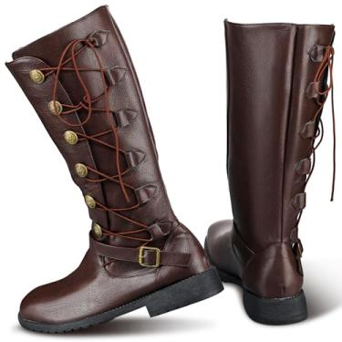 Imagem de Ramede Botas de pirata medievais masculinas para fantasia renascentista de Halloween de couro sintético com botão de cadarço gótico viking cosplay sapatos masculinos, Marrom, 42