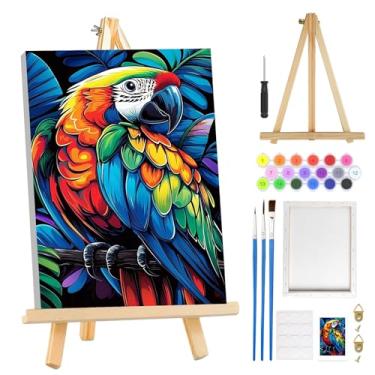 Imagem de MOGTAA Kit de pintura de papagaio colorido por números para adultos iniciantes com moldura, kits de pintura animal adulto por números em tela com cavalete, kits fáceis de pintura a óleo DIY para