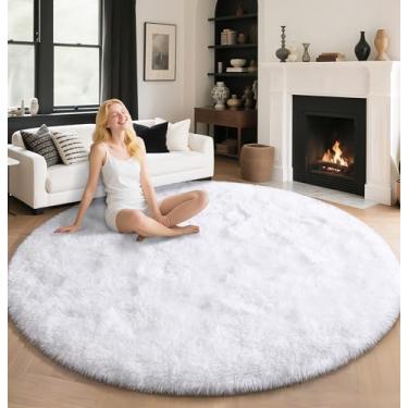 Imagem de EVOIONOS Tapete redondo branco para quarto, 1,8 x 1,8 m, tapetes macios e macios para sala de estar, tapete circular felpudo de pelúcia para piso interno, cabeceira, berçário, lavável na máquina